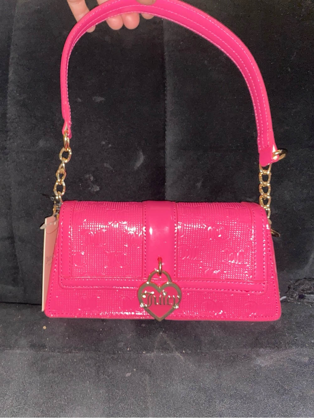 Juicy Couture Bright Pink Patent Shoulder Bag with Gold Heart Charm